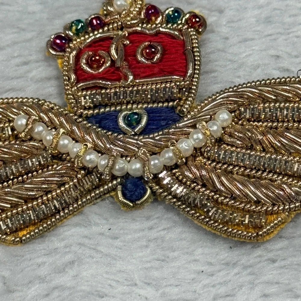 Bullion Crest Patches Unisex Gold Red Blue Metallic Winged Crown 2pc